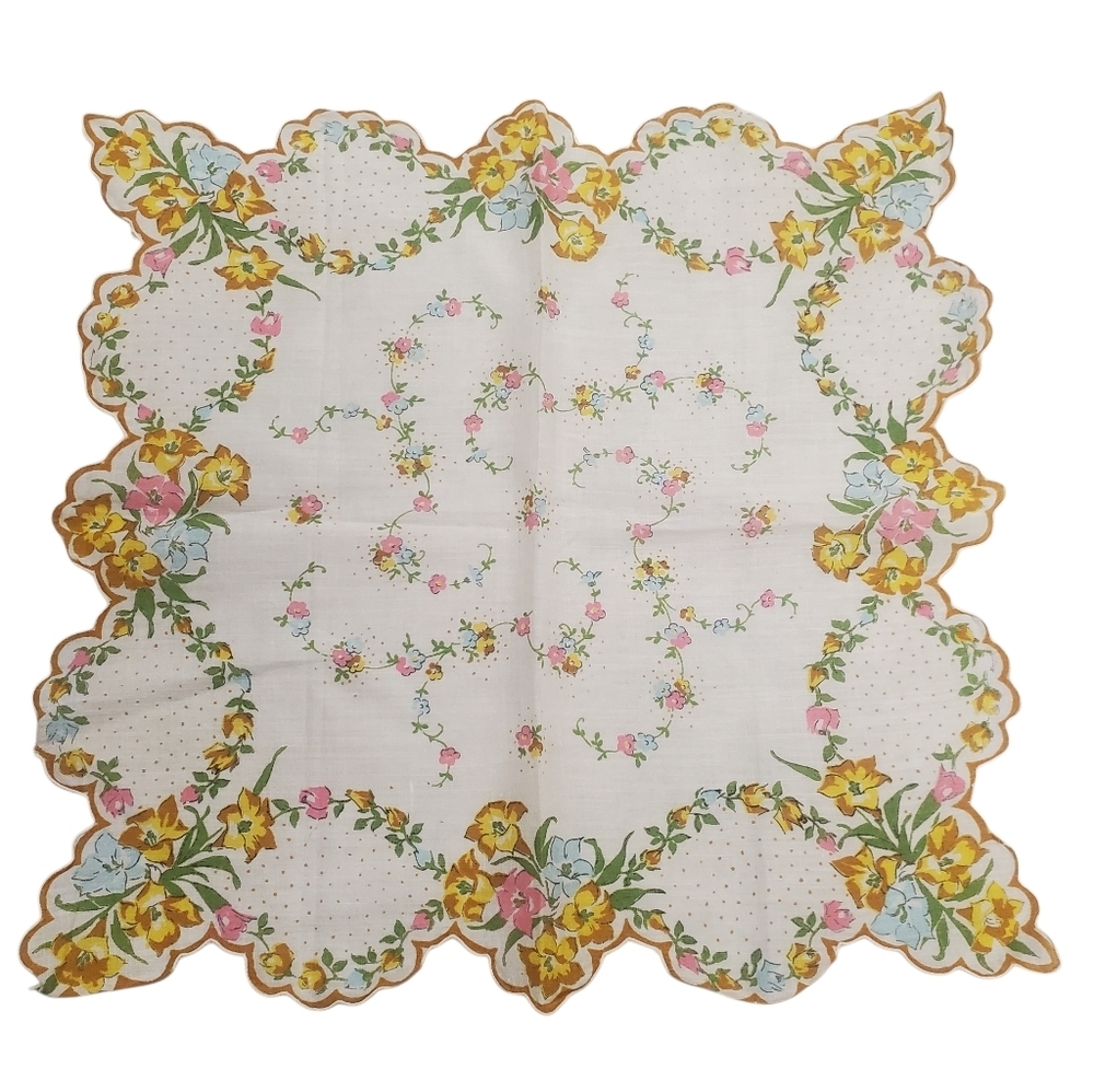 Charming Vintage Floral Handkerchief with Scalloped Edges. Cotton. 13" x 13"